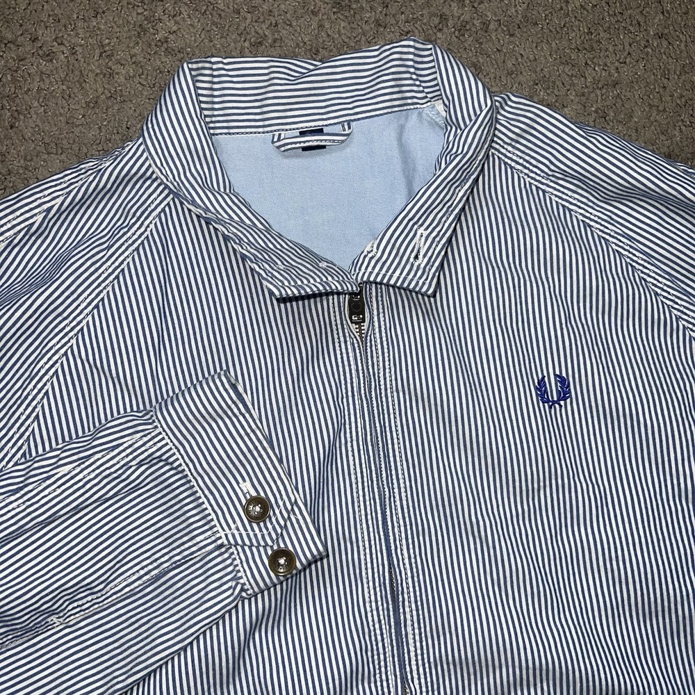 Fred Perry Harrington Jacket Mens XL Blue White Seersucker Cotton Linen Mix
